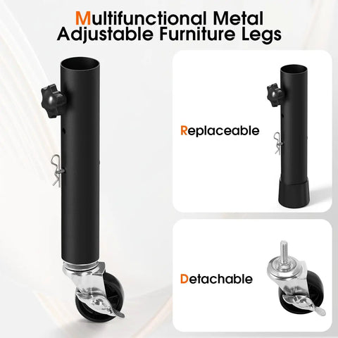Close-up of adjustable heavy duty metal furniture legs with smooth roll caster wheels, showcasing replaceable and detachable features.