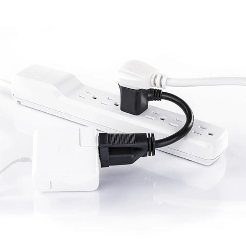 Six Inch Heavy Duty Extension Cord With Two Grounded Nema 5 15R Outlets on power strip, freeing up space, black