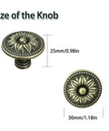 Antique Bronze Flower Drawer Knobs 12 Pack Vintage Sunburst Cabinet Pulls With Screws For Dressers Kitchen Islands showing sizes of 25mm and 30mm.