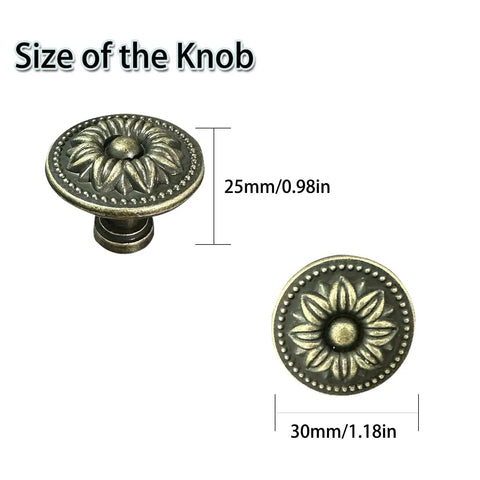 Antique Bronze Flower Drawer Knobs 12 Pack Vintage Sunburst Cabinet Pulls With Screws For Dressers Kitchen Islands showing sizes of 25mm and 30mm.