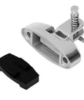 Front view of stainless steel Bimini top swivel deck hinge with removable pin and screws