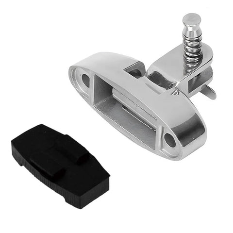 Front view of stainless steel Bimini top swivel deck hinge with removable pin and screws