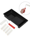 4 Inch Mini Paint Roller Kit With Tray For Gloss And Satin Finishes featuring mini roller, black tray, and five roller covers for easy touchups.