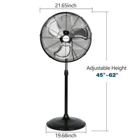 Powerful 20 Inch High Velocity Industrial Pedestal Fan With 5200 CFM, 3 Speed Oscillating Stand, adjustable height 45-62 in