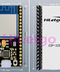 ESP32 Development Board With 2.4GHz WiFi And Bluetooth Dual Core MCU For Arduino IDE Low Power Ready For IoT Projects With AP STA And AP Plus STA Modes LWIP And FreeRTOS Support Safe Reliable Microcontroller, front and back view with dimensions.