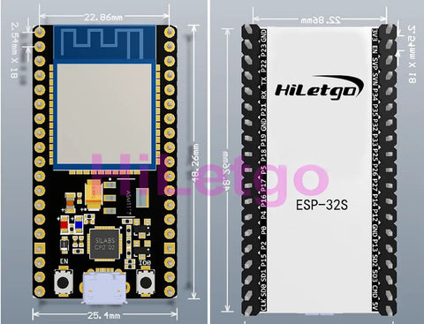 ESP32 Development Board With 2.4GHz WiFi And Bluetooth Dual Core MCU For Arduino IDE Low Power Ready For IoT Projects With AP STA And AP Plus STA Modes LWIP And FreeRTOS Support Safe Reliable Microcontroller, front and back view with dimensions.