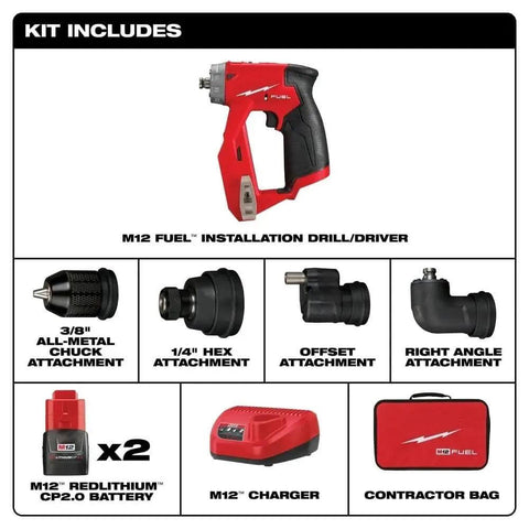 Real Deal Brushless Cordless Drill Driver Installation Kit With 12V Battery Rig featuring drill, attachments, charger, and bag.