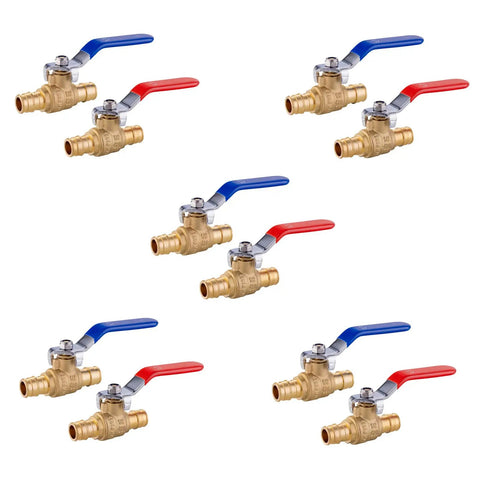 Half Inch PEX Expansion Ball Valve Kit 10 Pack Brass Shut Off Valves F1960 PEX A For Potable Water Red and Blue Handles