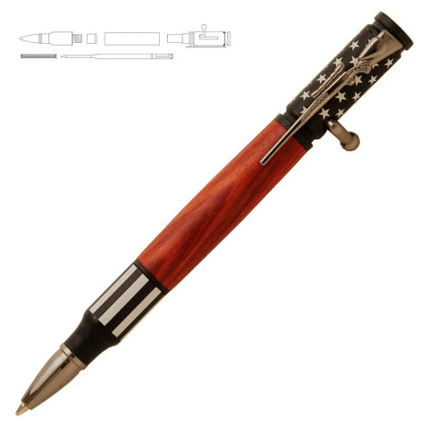 Kickin DIY Woodturning Project Kit Featuring Five Ceramic Flag Ballpoint Pen Hardware Sets And Precision Bushings For Turning Custom Writer Accessories, showing a wood and metal pen.