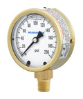Built Tough Heavy Duty Fully Brass Hydraulic Glycerin Filled Pressure Gauge With Two And A Half Inch Dial Quarter Inch NPT Lower Mount 0 To 200 Psi And KPa For Measuring Non Corrosive Gas And Liquid Pressure In Industrial And Home Setups shown front view