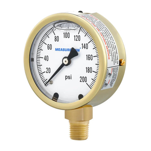Built Tough Heavy Duty Fully Brass Hydraulic Glycerin Filled Pressure Gauge With Two And A Half Inch Dial Quarter Inch NPT Lower Mount 0 To 200 Psi And KPa For Measuring Non Corrosive Gas And Liquid Pressure In Industrial And Home Setups shown front view