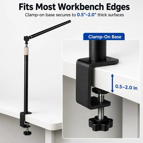 Clamp On Dust Collection Boom Arm With 360 Degree Swivel for woodworking edge mount on a workbench, clamp fits 0.5-2 inches