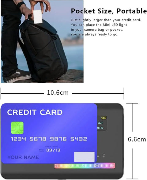 Pocket RGB Video Light with dimensions compared to credit card for size reference, ideal for vlogging and photography.