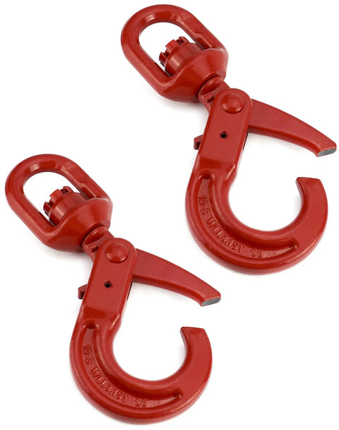 Grade 80 Forged Swivel Self Locking Hook For Three Eighths Inch Chain, 7100 Lb Working Load Limit, Heavy Duty Hoisting Rigging Connector For Lifting And Hoists. Two red forged hooks