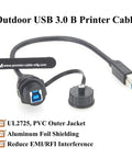 IP67 Waterproof USB 3.0 Type B Bulkhead Panel Mount Cable USB B Male To Female Extension Cable 5Gbps Built For Printers, PLCs, HMIs, CNCs, Industrial Cams And Machine Vision 0.3m, black PVC cable with panel mount USB B connector and cap