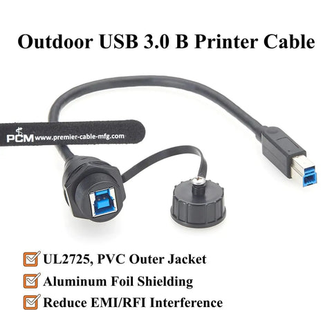 IP67 Waterproof USB 3.0 Type B Bulkhead Panel Mount Cable USB B Male To Female Extension Cable 5Gbps Built For Printers, PLCs, HMIs, CNCs, Industrial Cams And Machine Vision 0.3m, black PVC cable with panel mount USB B connector and cap