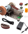 Knockout Mini Belt Sander And Slick Dual Voltage Polisher With Tough Fixed Angle Grinding Wheel For Swift Knife Sharpening And No Sweat DIY Jobs Powered By Zippy 775 Motor Workhorse For Tradesmen, featuring motor, sanding belts, and polishing pads.