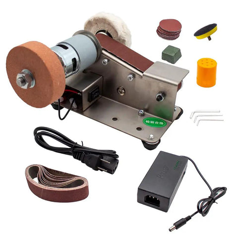 Knockout Mini Belt Sander And Slick Dual Voltage Polisher With Tough Fixed Angle Grinding Wheel For Swift Knife Sharpening And No Sweat DIY Jobs Powered By Zippy 775 Motor Workhorse For Tradesmen, featuring motor, sanding belts, and polishing pads.