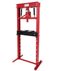 Heavy Duty Hydraulic Shop Press 12 Ton H Frame With Adjustable Work Table And Plates Built Like a Tank Carbon Steel side view of red frame with black plates