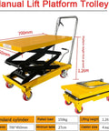 Heavy Duty Hydraulic Lift Table Cart With Lockable Wheels And Rolling Garage Hoist with yellow scissor lift, dimensions 700mm by 450mm, lifting to 1.26m.