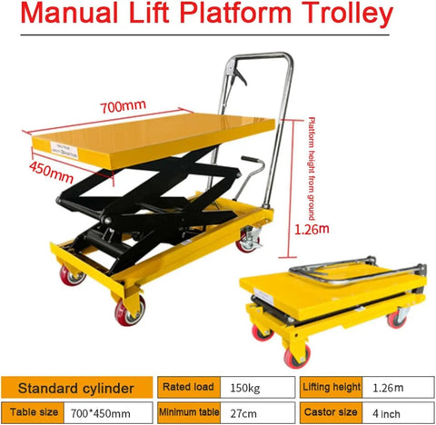 Heavy Duty Hydraulic Lift Table Cart With Lockable Wheels And Rolling Garage Hoist with yellow scissor lift, dimensions 700mm by 450mm, lifting to 1.26m.