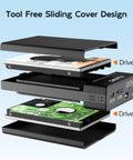 Tool Free Dual Bay External Hard Drive Enclosure For 2.5 Inch Sata Ssd Hdd With Usb 3.0 showing sliding cover and empty slots.
