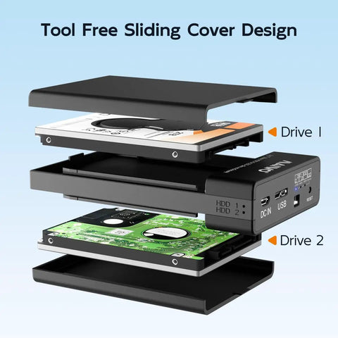 Tool Free Dual Bay External Hard Drive Enclosure For 2.5 Inch Sata Ssd Hdd With Usb 3.0 showing sliding cover and empty slots.
