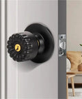 Black round door handle on gray door, part of Stainless Steel Indoor Door Handle Lock Set With Key For Bedroom Or Bathroom Silent Single Tongue Latch Sleek Dope Modern Hardware Easy Install Built Tough For Everyday Home Use