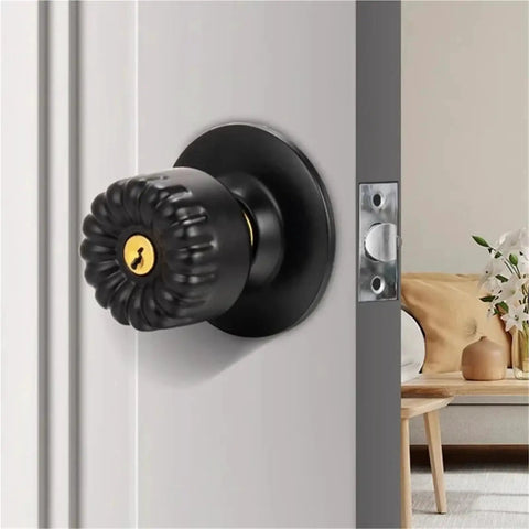 Black round door handle on gray door, part of Stainless Steel Indoor Door Handle Lock Set With Key For Bedroom Or Bathroom Silent Single Tongue Latch Sleek Dope Modern Hardware Easy Install Built Tough For Everyday Home Use