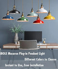 Totally Sleek Modern Green Plug In Pendant Light Featuring Heavy Duty Metal Barn Style Hanging Swag Lamp With Retro Macaron Shade - Colorful options above a modern desk.