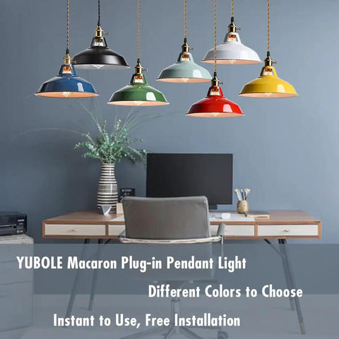 Totally Sleek Modern Green Plug In Pendant Light Featuring Heavy Duty Metal Barn Style Hanging Swag Lamp With Retro Macaron Shade - Colorful options above a modern desk.