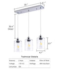 Three Light Clear Hammered Glass Pendant Lights for Modern Kitchen Island in Chrome Finish with technical details shown