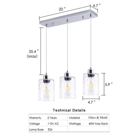 Three Light Clear Hammered Glass Pendant Lights for Modern Kitchen Island in Chrome Finish with technical details shown