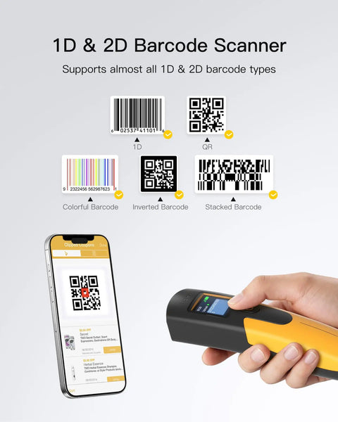 2D Wireless Barcode Scanner With 1.4 Inch TFT Screen Portable Bluetooth Barcode Reader 2600mAh Battery Fast Linear Code Scanning For Inventory Library And Warehouse Nano 260D shown scanning QR code