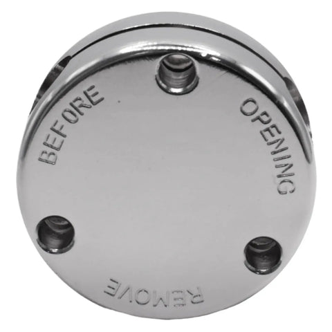 Top view of a metal pressure cooker regulator weight with text 'Remove Before Opening' for Pressure Cooker Regulator Weight That Fits All American Canners From 10.5Qt To 41.5Qt, No-Fuss Auto Pressure Control Valve Keeps Steam In Check And Prevents Overpressure For Safe, Smooth Canning And Cooking.