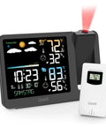 Projection Alarm Clock With Weather Station And Ceiling Projector For Bedroom Readouts Of Indoor Outdoor Temperature And Humidity Plus Auto Dim Backlight And WWVB Atomic Time Display, showing digital screen with weather icons and sensor