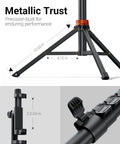 Close-up of 66 Inch Phone Tripod With Remote And Clamp Mount For iPhone And Android showing details of metal legs and clamp adjustment.