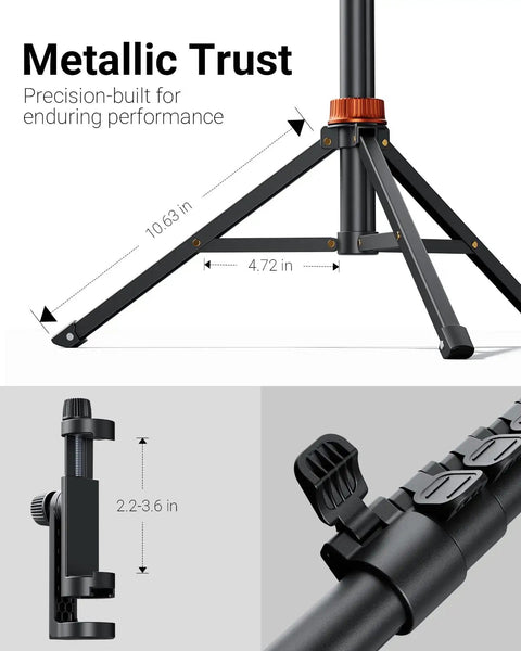 Close-up of 66 Inch Phone Tripod With Remote And Clamp Mount For iPhone And Android showing details of metal legs and clamp adjustment.