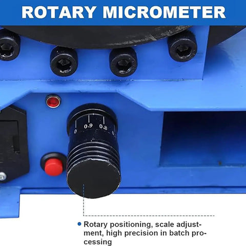Close-up of rotary micrometer on Badass Hydraulic Hose Crimping Machine With Magnetic Quick Swap Molds for precise adjustments.
