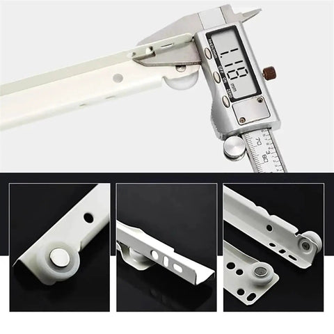 Digital caliper measuring Full Extension Drawer Slides 12 Inch Quiet Glide Two Section Rails For Cabinets And Desks Tool Free Detachable Quick Release Latches Smooth Sliding Keyboard Tray And Computer Table Drawer Track Ample Storage shown with close-up details against a black background.
