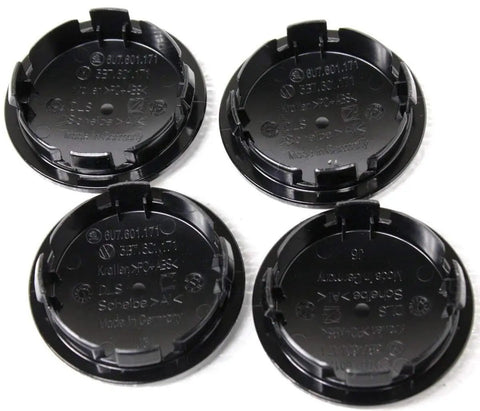 Back view of four Center Cap For Volkswagen Wheels 3B7-601-171-XRW OEM Replacement Hub Cap, showcasing the part numbers and clips.
