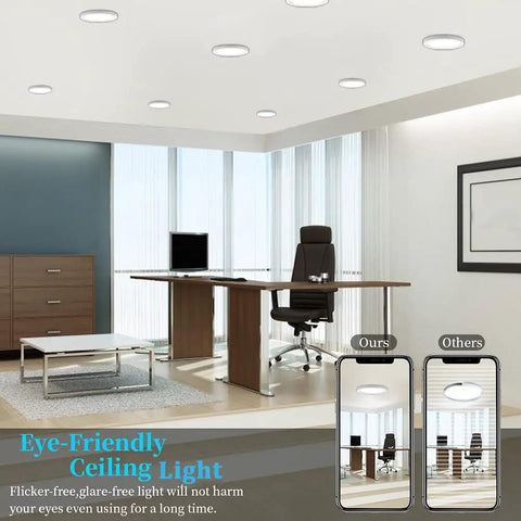 Office setup with multiple Ultra Slim 7 Inch LED Flush Mount Ceiling Light Dimmable 5000K Lit Daylight ETL Listed Flat Panel Fixtures