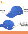 Five Pack Reflective Bump Cap Hard Hat With Adjustable Hook And Loop Fit Lightweight Breathable Twill Royal Blue And Mesh Safety Cap For Men And Women ABS Shell With Soft Foam Pads, showing dimensions and adjustable features.