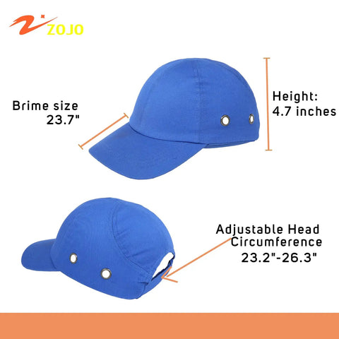 Five Pack Reflective Bump Cap Hard Hat With Adjustable Hook And Loop Fit Lightweight Breathable Twill Royal Blue And Mesh Safety Cap For Men And Women ABS Shell With Soft Foam Pads, showing dimensions and adjustable features.
