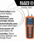 Front view of Klein Tools ET180 digital manometer, orange handheld with blue backlit LCD and dual ports.