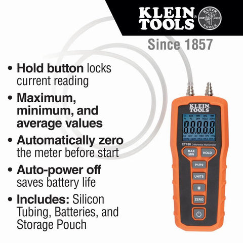 Front view of Klein Tools ET180 digital manometer, orange handheld with blue backlit LCD and dual ports.