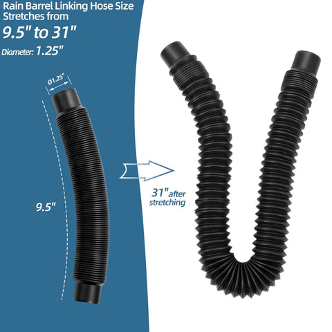 Image showing rain barrel linking hose stretching from 9.5 to 31 inches with 1.25 diameter, for the Rain Barrel Hose Connector Kit Link Two Rain Barrels To Double Your Rainwater Storage For Home Garden And Outdoor Chores Not For Metal Drums With Included Hole Saw And Gaskets Easy To Install.