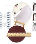 Top Notch 5 Inch Hook And Loop Sanding Discs With Red Grit for Electric Polishers showing grit sizes and ruler for measurement.