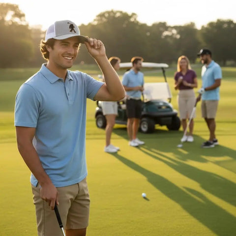 Man wearing Bigfoot Patch Golf Hat With Sasquatch Holding A Golf Club Heather White Trucker Snapback on a golf course