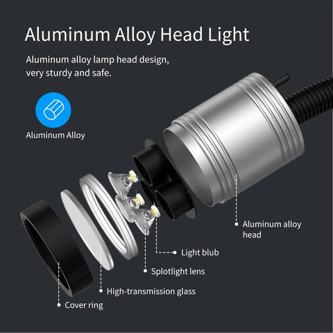 Exploded view of Built Tough Magnetic Gooseneck LED Work Light 900 Lumens 120 Volt IP66 Waterproof Aluminum Lamp components